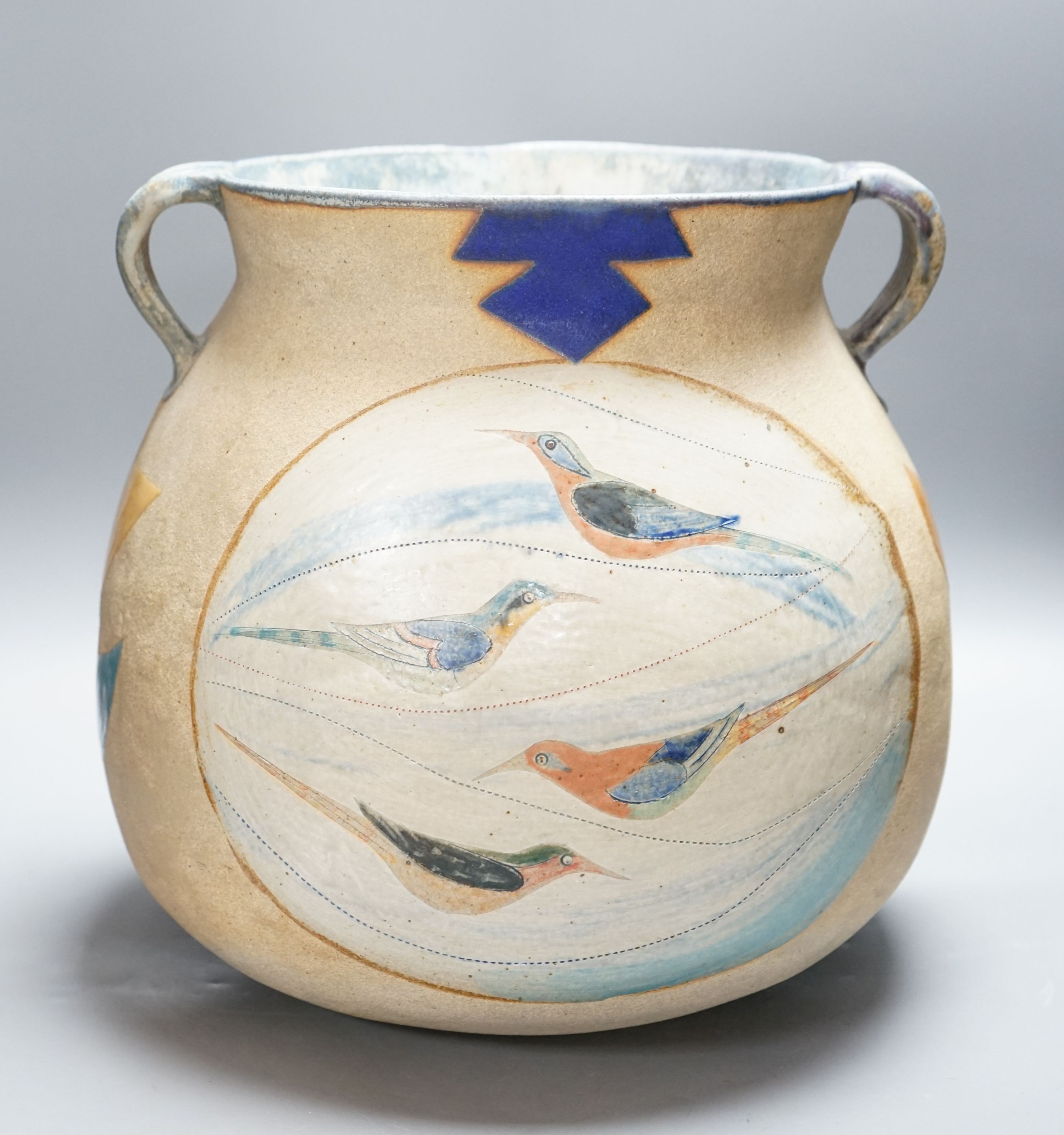 Jill Fanshawe-Kato (b.1943), a large two handled stoneware 'bird' jar 33cm high, 35cm wide